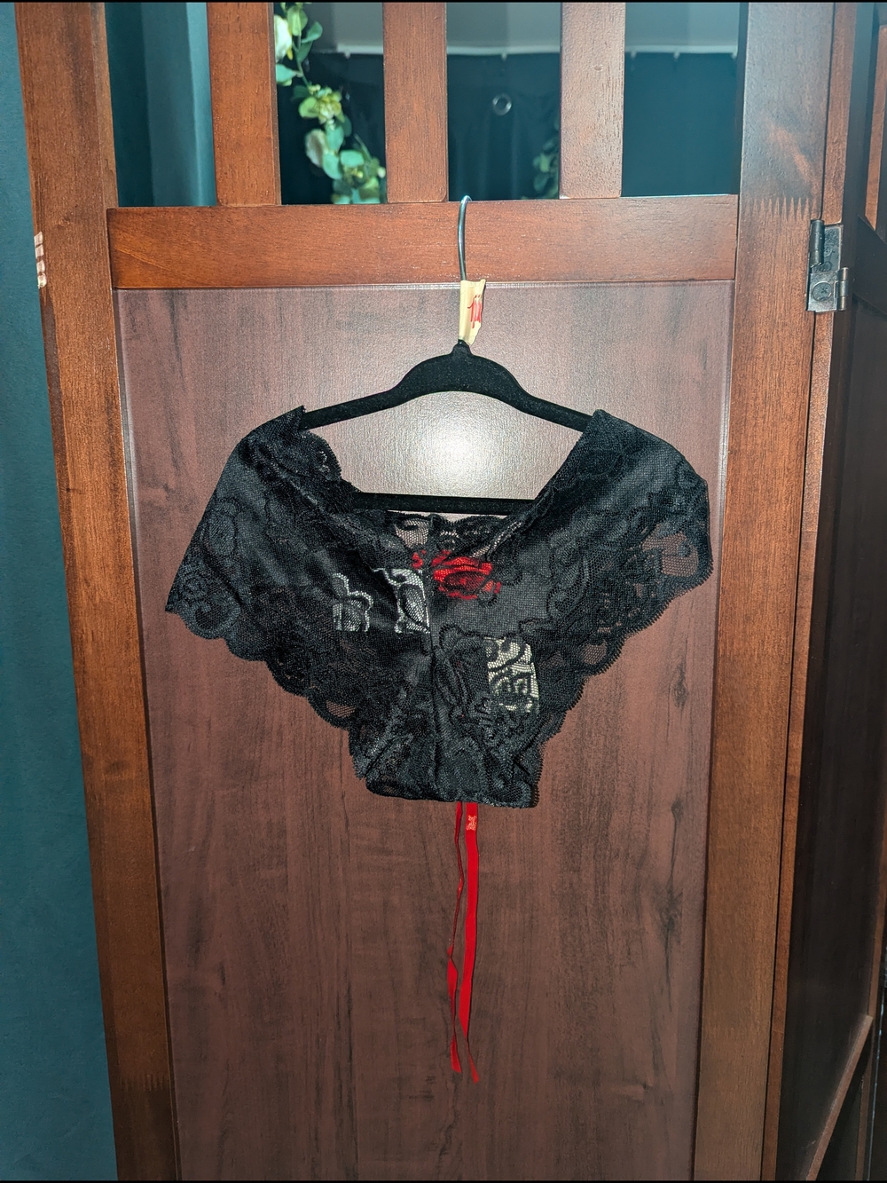 Lace Underwear with Red Ribbon Accent - Black